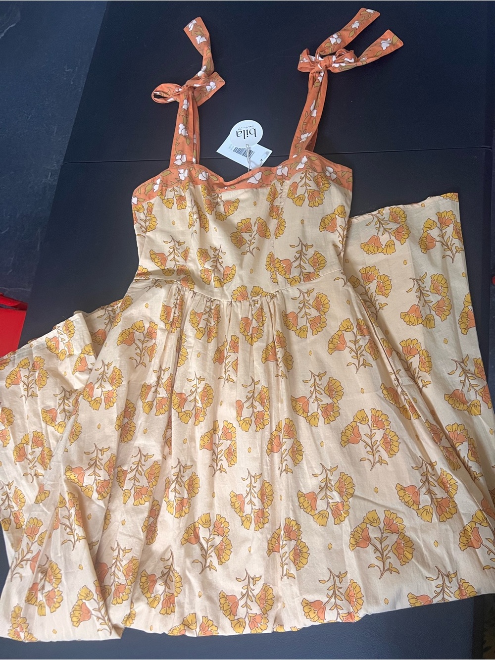 Bila Cream Dress with Orange Floral Tie-Straps